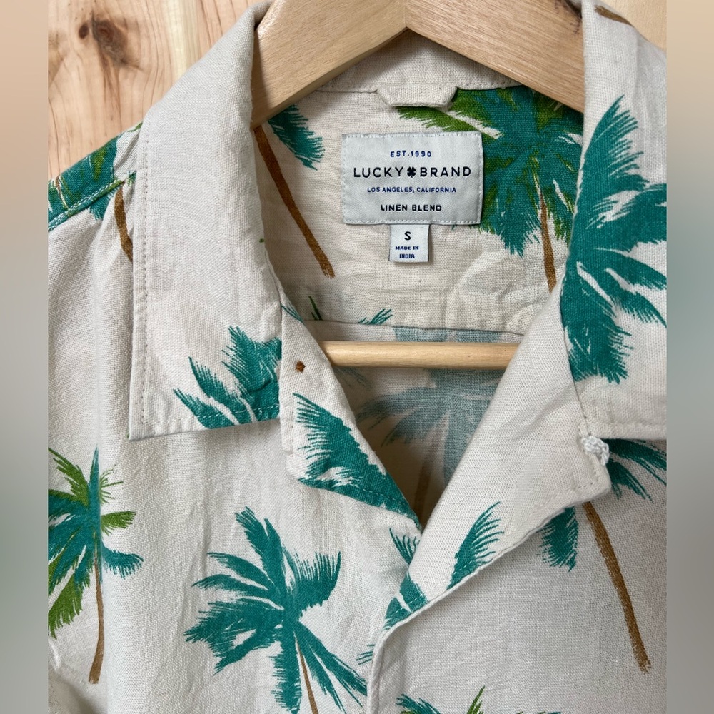 Lucky Brand Men's Linen Blend Green Palm Print Short Sleeve Shirt Size Small